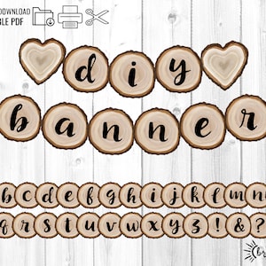 Banner rústico imprimible - Letras del alfabeto de escritura en minúsculas de la a a la z - Descarga digital PDF Wood Slice - Bunting Woodland Baby Shower Wedding