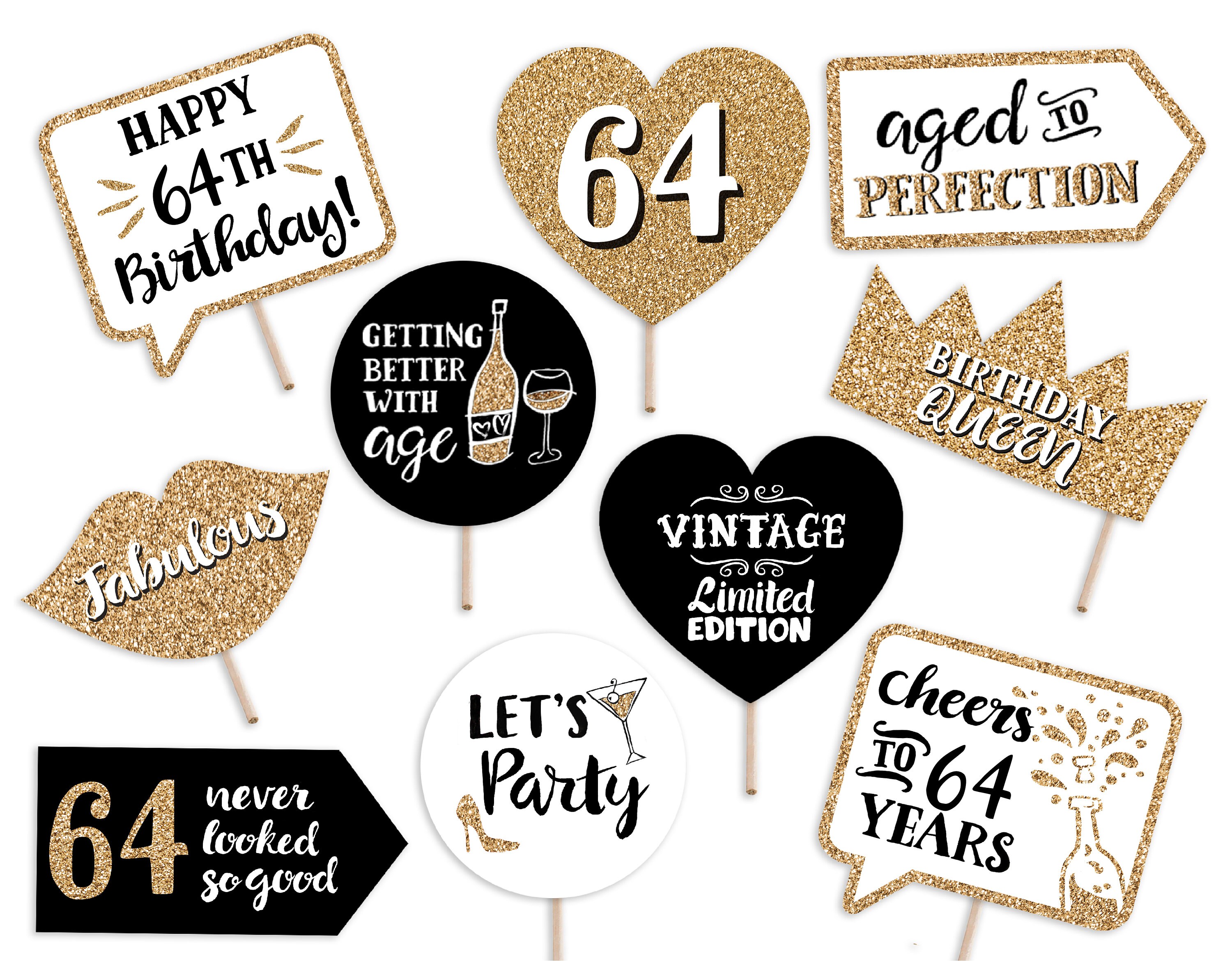 64th Birthday Printable Photo Booth Props - 10 Signs Instant Download and Print - Gold Glitter - Sixty Four Adult Party Decorations