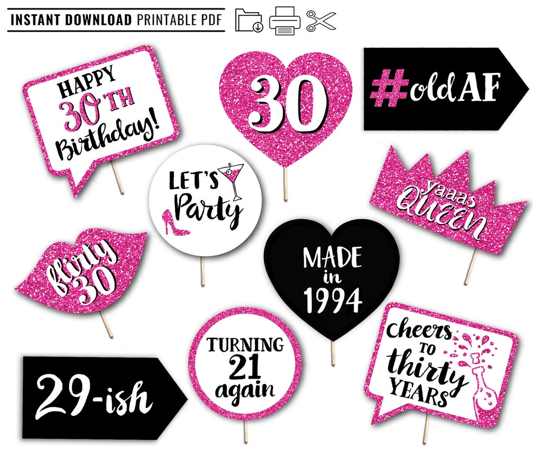 30th Birthday Printable Photo Booth Props Hot Pink 10 Signs Flirty ...