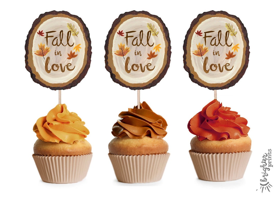 Printable Cupcake Toppers Fall in Love Hand Painted Wood Slices Fall
