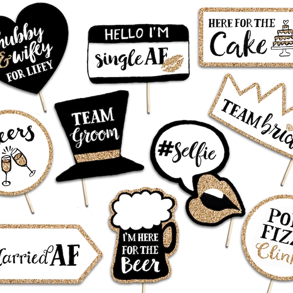 Funny Wedding Printable Photo Booth Props - 10 Gold Signs Hand Lettering - Wedding Decorations Adult Alcohol Drinking Party Photobooth