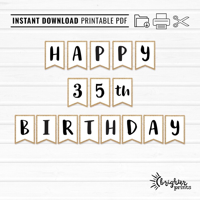 Printable Happy 35th Birthday Banner - INSTANT DOWNLOAD - Gold Glitter ...