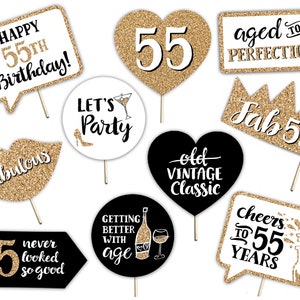 55th Birthday Printable Photo Booth Props - Gold Black and White - 10 Signs - Fabulous Fifty Five Party Decorations