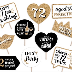 72nd Birthday Printable Photo Booth Props - 10 Signs Instant Download and Print - Gold Glitter - Seventy Two Adult Party Decorations