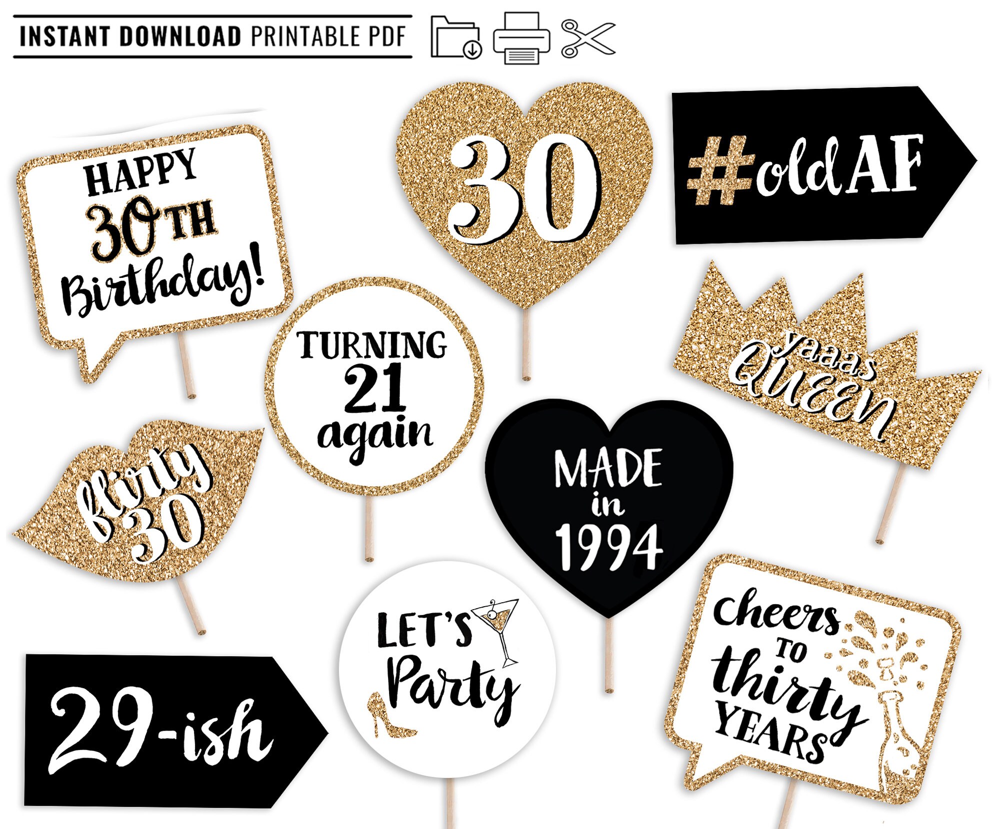 30th Birthday Printable Photo Booth Props Gold Black and White 10 Signs Flirty Thirty Party - Etsy
