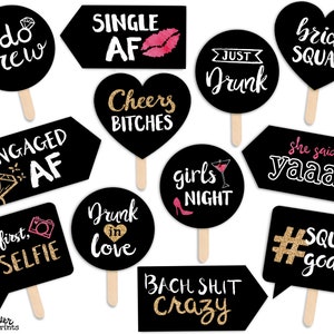 Funny Bride Squad Bridal Shower or Bachelorette Party Printable Photo Booth Props - Chalkboard Gold and Pink - 12 Hand Painted Signs