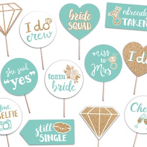 Bridal Shower Printable Photo Booth Props - Aqua Gold and White - 12 Hand Painted Signs - Bachelorette Hen Party