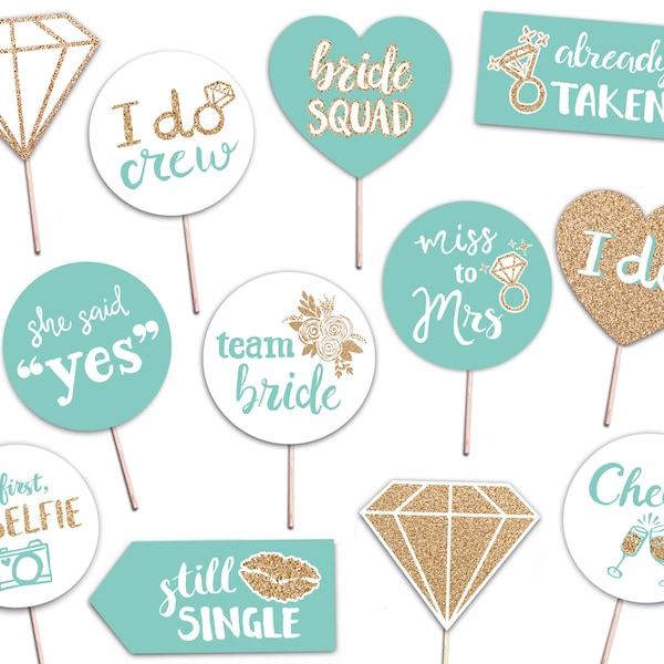 Bridal Shower Printable Photo Booth Props - Aqua Gold and White - 12 Hand Painted Signs - Bachelorette Hen Party