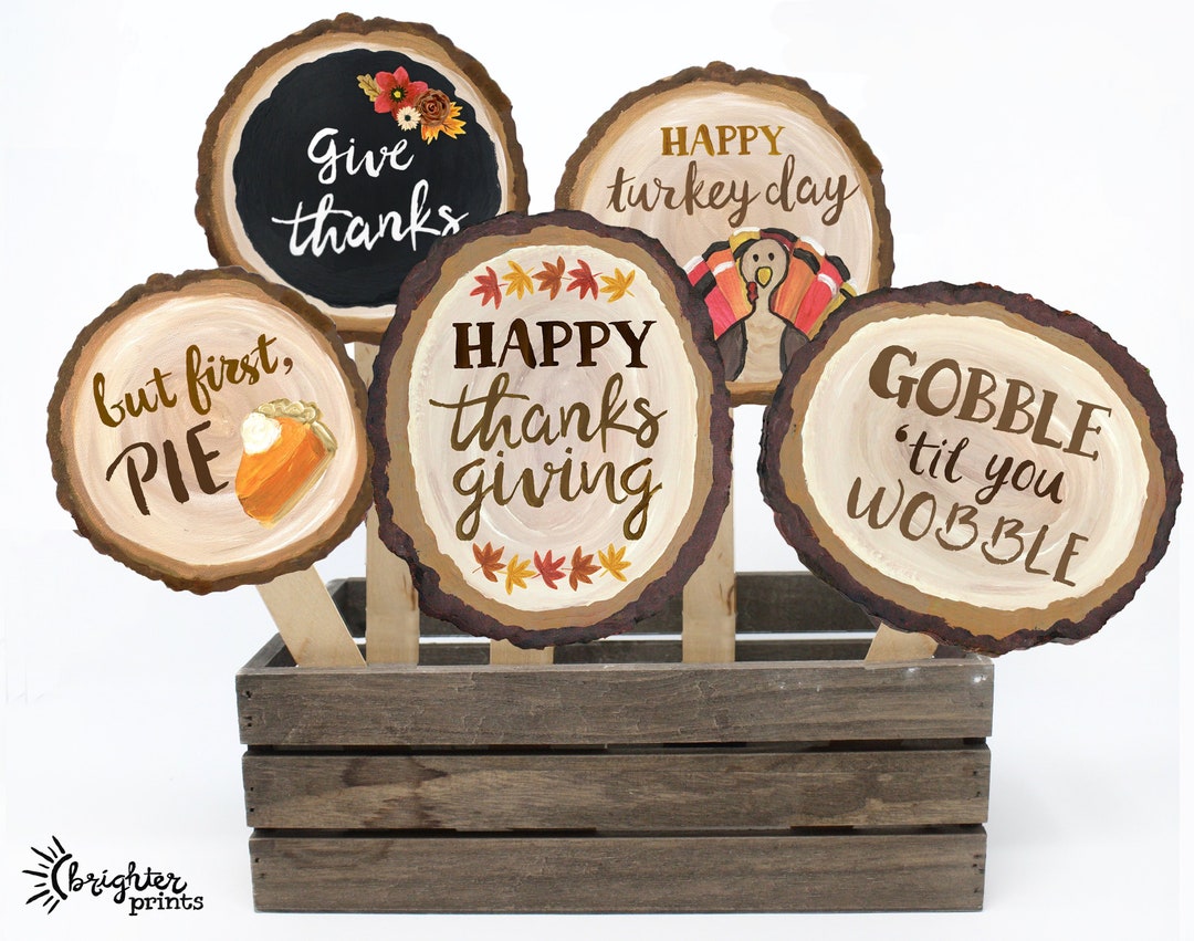 Thanksgiving Photo Booth Props - 9 Printable Hand Painted Wood Slice Signs - Rustic Autumn ...