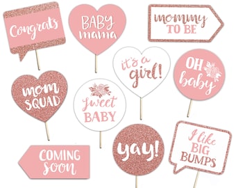 Baby Shower Printable Photo Booth Props - Baby Girl - Rose Gold Pink and White - 10 Hand Painted Signs