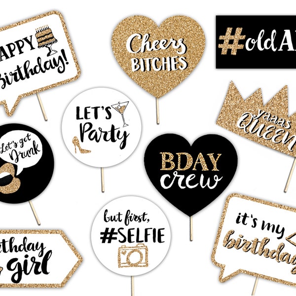 Funny Adult Birthday Printable Photo Booth Props - Gold Black and White - 10 Hand Painted Signs - Alcohol Drinking Funny Photobooth