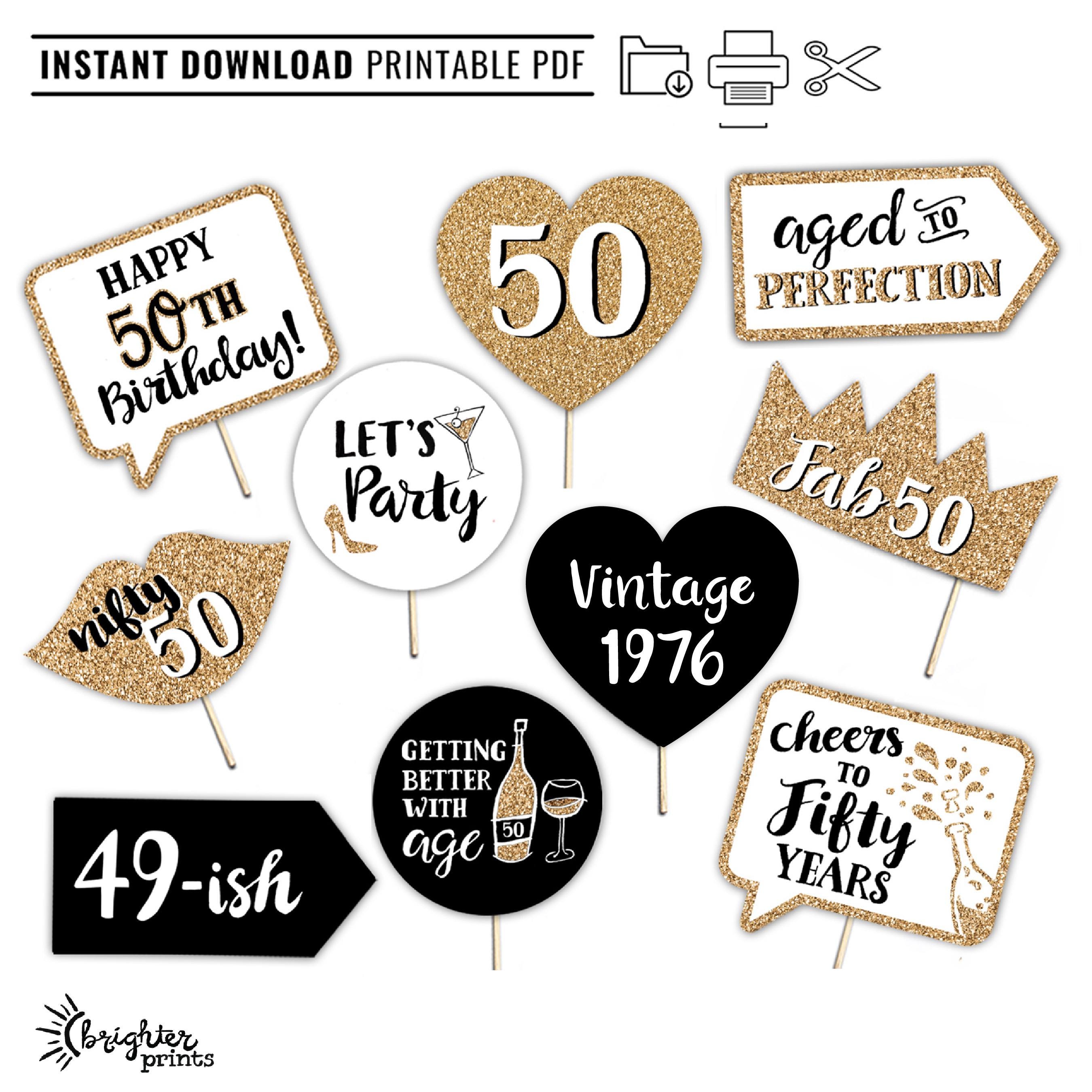 50th birthday printable photo booth props gold | instant download