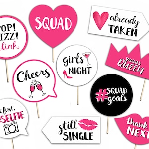 Girls Night Out Printable Photo Booth Props - Pink Black and White - 10 Hand Painted Signs - Birthday Bachelorette Party