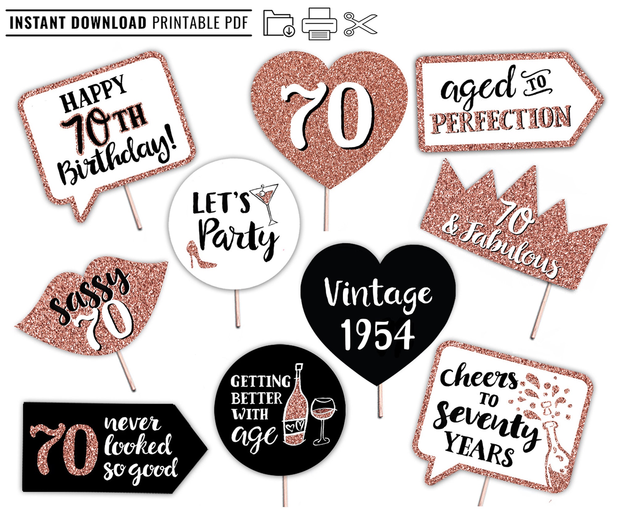 70th Birthday Printable Photo Booth Props Rose Gold Black and White 10  Signs Seventieth Birthday Party - Etsy