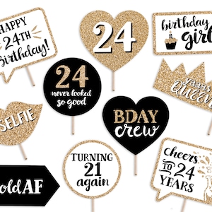 24. Geburtstag druckbare Photo Booth Requisiten - 10 Zeichen DIY - Gold Glitter - Vierundzwanzig Party Dekorationen