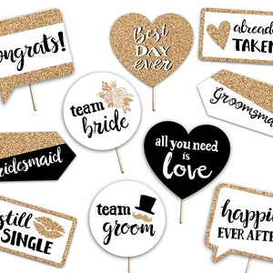 Wedding Printable Photo Booth Props - Gold Black and White - 10 Hand Painted Signs - Party Photobooth