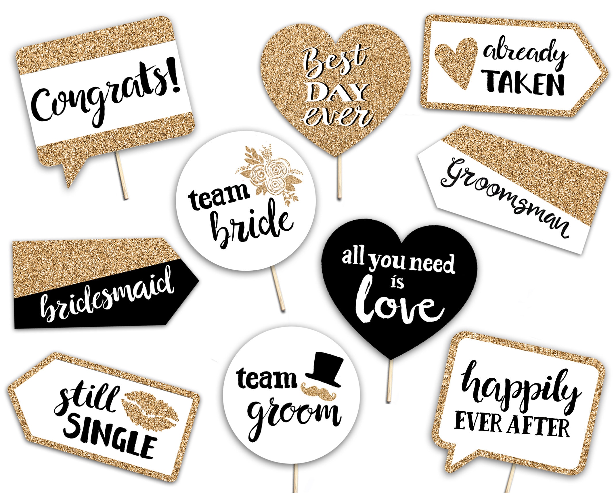 Wedding Printable Photo Booth Props Gold Black And White Etsy