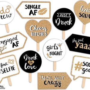 Funny Bride Squad Bachelorette or Bridal Shower Printable Photo Booth Props - Gold White Black - 12 Hand Lettered Signs - Hen Party