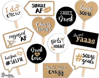 Funny Bride Squad Bachelorette of vrijgezellenfeest Afdrukbare Photo Booth Props - goud wit zwart - 12 handgeletterde borden - vrijgezellenfeest