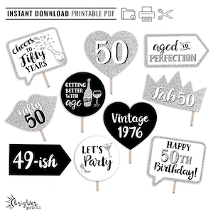 Adereços para Cabine de Fotos de Aniversário de 50 Anos - Prata (Imprimíveis) | DOWNLOAD INSTANTÂNEO | Decoração de Festa "Fantasia dos 50" - Faça Você Mesmo