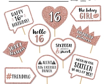 16th Birthday Printable Photo Props – Rose Gold Glitter Sweet Sixteen Party Decor (PDF)