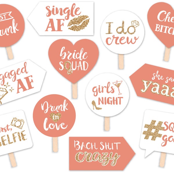 Funny Bride Squad Bridal Shower or Bachelorette Party Printable Photo Booth Props - Gold Peach White - 12 Hand Painted Signs
