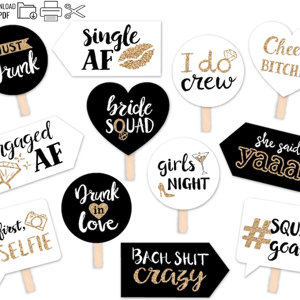 Funny Printable Bachelorette Props - INSTANT DOWNLOAD 12 Gold Glitter Signs - Bachelorette Party Photo Booth Bridal Shower Adult