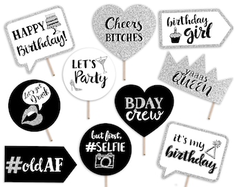 Funny Adult Birthday Printable Photo Booth Props - Silver Black and White - 10 Hand Painted Signs - Alcohol Drinking Funny Photobooth