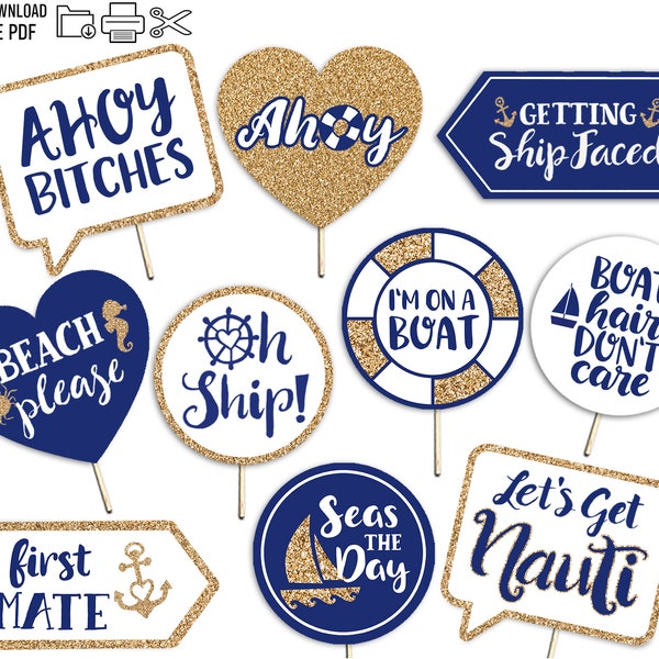 Printable Nautical Theme Photo Props - 10 Signs Gold Navy Blue and White - Funny Adult Boat Party Cruise Spring Break Yacht