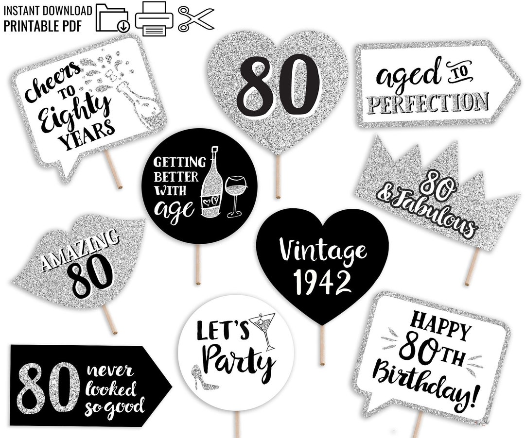 80th Birthday Printable Photo Booth Props Silver Black and - Etsy