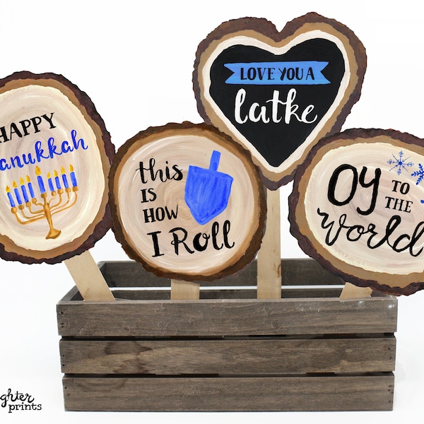 Hannukah Photo Booth Props - 12 Printable Hand Painted Wood Slice Signs - Rustic Holiday Party Photobooth