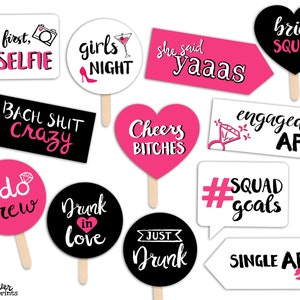 Funny Bride Squad Bridal Shower or Bachelorette Party Printable Photo Booth Props - Pink Black and White - 12 Hand Painted Signs