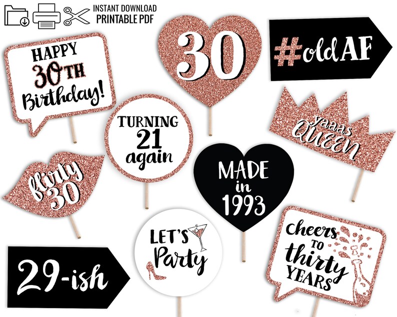 30th Birthday Printable Photo Booth Props Rose Gold Black - Etsy