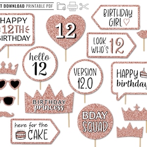 Printable 12th Birthday Party Photo Props - Rose Gold Glitter - DIY Photo Booth Pink Party Decor - Twelve 12 year old girl bday