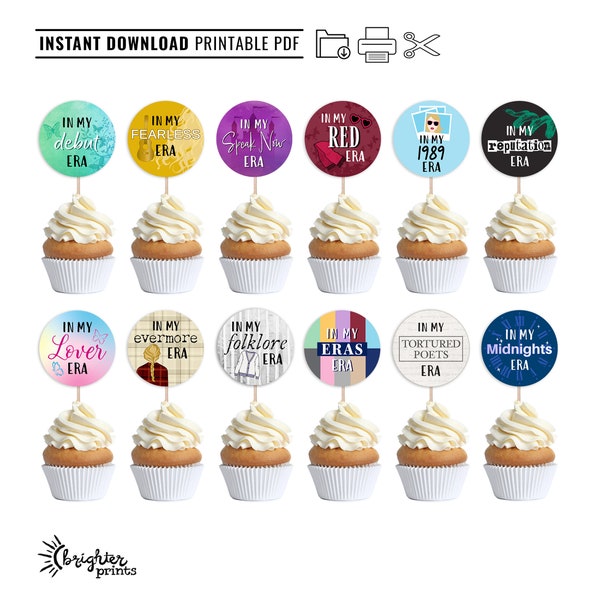 Printable Eras Cupcake Toppers | Set of 12 | Instant Download DIY Party Decor | All 11 Eras | TS Inspired