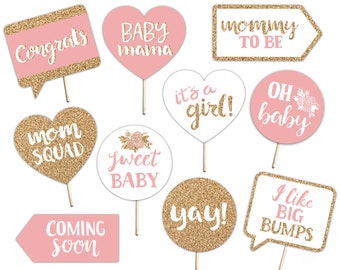 Baby Shower Printable Photo Booth Props - Baby Girl - Gold Pink and White - 10 Hand Painted Signs