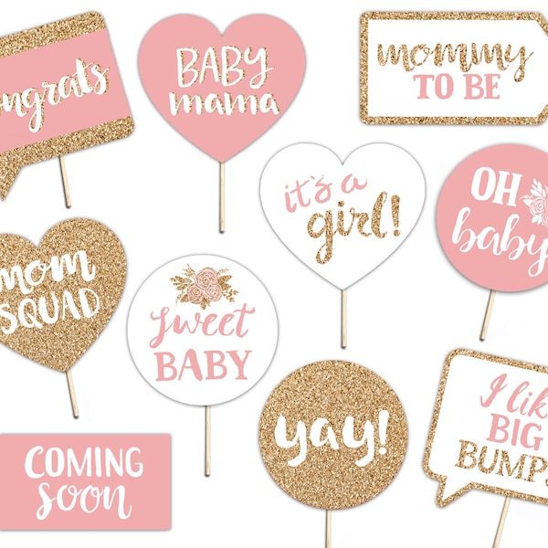 Baby Shower Printable Photo Booth Props - Baby Girl - Gold Pink and White - 10 Hand Painted Signs