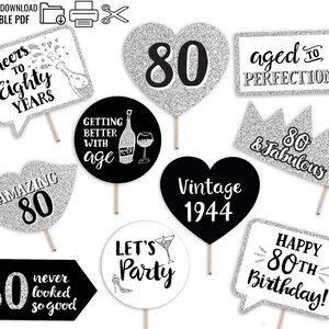 80th Birthday Printable Photo Booth Props - Silver Black and White - 10 ...