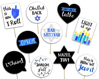 Bar Mitzvah Photo Booth Props - Bat Mitzvah - 10 Printable Hand Painted Signs - White Blue Black - Birthday Party Photobooth