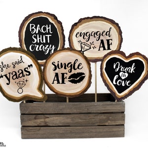 Funny Bachelorette Party Photo Booth Props - 8 Printable Hand Painted Wood Slice Signs - Rustic Wedding - Bridal Shower - Fun Photobooth
