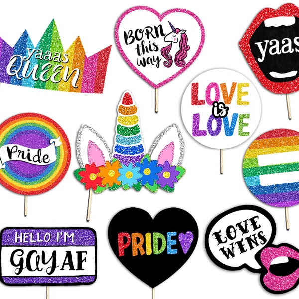 Pride Party Druckbare Photo Booth Requisiten – 15 lustige Schilder – Pride Month – Regenbogenglitter – Love Wins Gay Lesbian LGBTQ