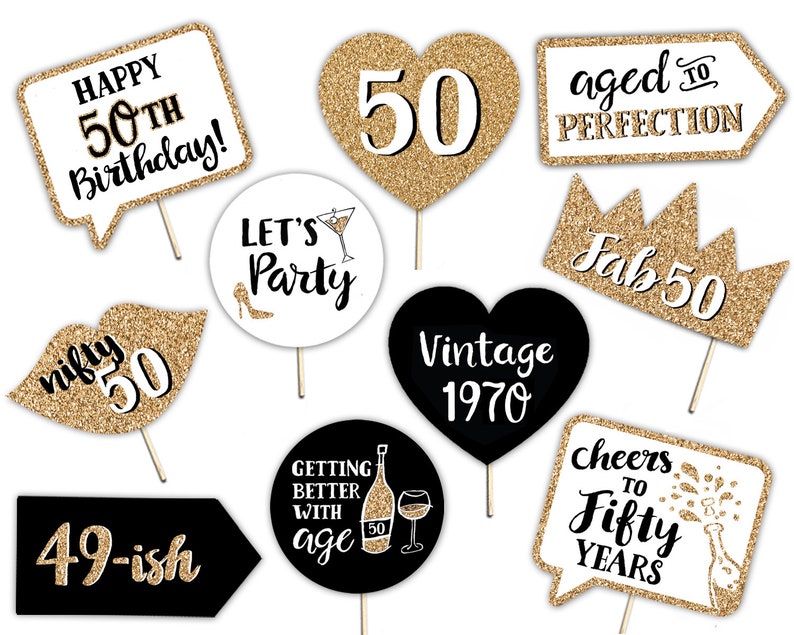 50th Birthday Printable Photo Booth Props Gold Black and | Etsy