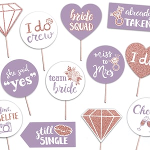Bridal Shower Printable Photo Booth Props - Rose Gold Lavender and White - 12 Hand Painted Signs - Bachelorette Hen Party