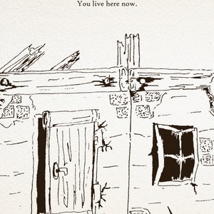 May include: A black and white illustration of a dilapidated building with a door and a window. The building is drawn in a simple style, with rough lines and shading. The text "The seventeen short stories in this collection dwell in haunted places. If you get lost in the words, you might be alarmed at first, but you'll get used to it. You live here now." is written above the building.