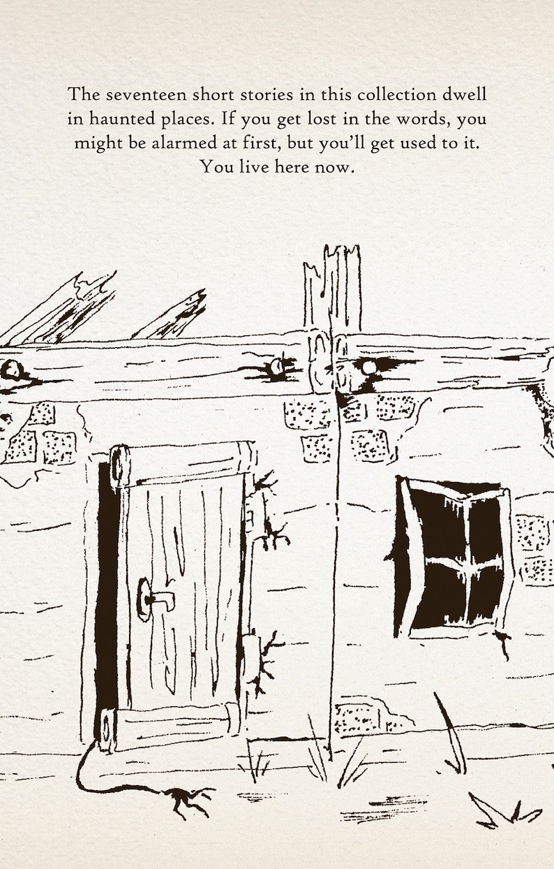 May include: A black and white illustration of a dilapidated building with a door and a window. The building is drawn in a simple style, with rough lines and shading. The text "The seventeen short stories in this collection dwell in haunted places. If you get lost in the words, you might be alarmed at first, but you'll get used to it. You live here now." is written above the building.
