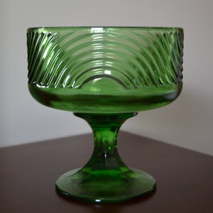 1960s E. O. Brody Green Glass Compote/Bon Bon Dish/Nut Bowl/Toppings Bowl/Candle Holder/Large Catch All, Swirl Art Deco Design, #138