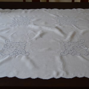 1940s Linen Table Topper: Handmade Blue Drawn Thread Embroidery, 33" Square