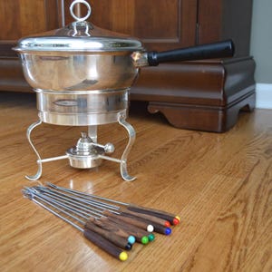 Midcentury Silverplate/Stainless Steel Fondue Pot Set with Rosewood Forks