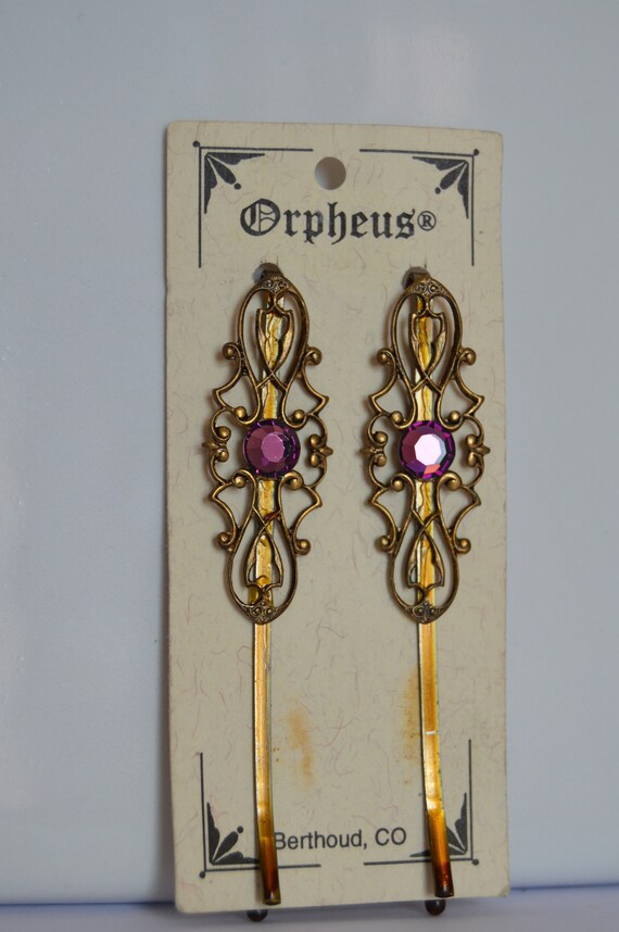 Orpheus Hair Pins Victorian Style Hair Pins Brass Rhinestones Etsy