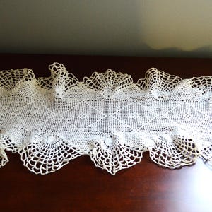 Vintage Hand-Crocheted Table Runner: Cream Scalloped Lace, Coquette Style